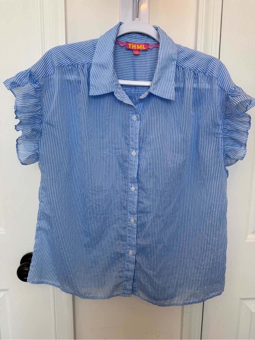 THML Light Blue and White Striped Ruffle-Collar Blouse